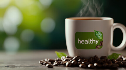 Coffee drink with healthy label concept. steaming cup of coffee with healthy label surrounded by coffee beans