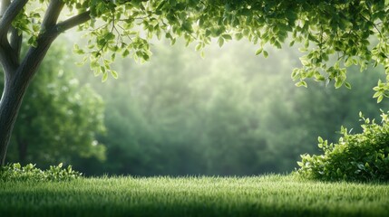 Fototapeta premium Tranquil Green Landscape with Lush Grass and Soft Sunlight Filtering Through Leaves