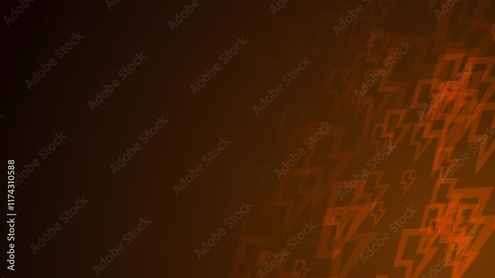 Poster orange thunder shapes are moving from the bottom right of a gradient grid abstract background, horiz