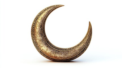 A golden crescent moon ornament with intricate designs. Ideal for Islamic celebrations or as a decorative element in art and design projects.