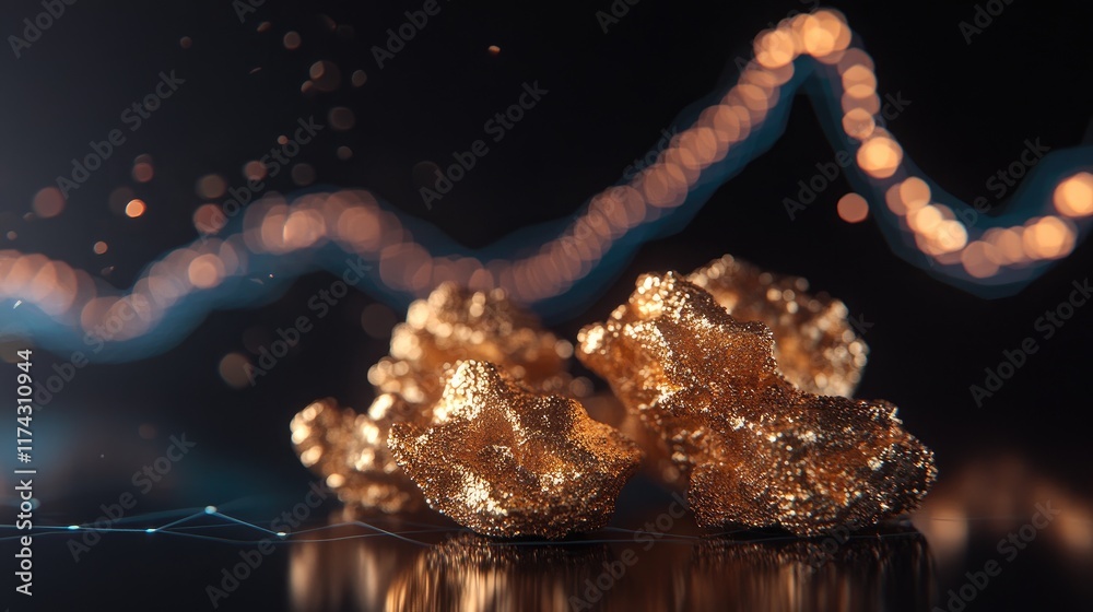 Poster A close-up of gold nuggets stacked on a dark surface, with a fluctuating line graph in the background, suggesting gold market trends and investment potential