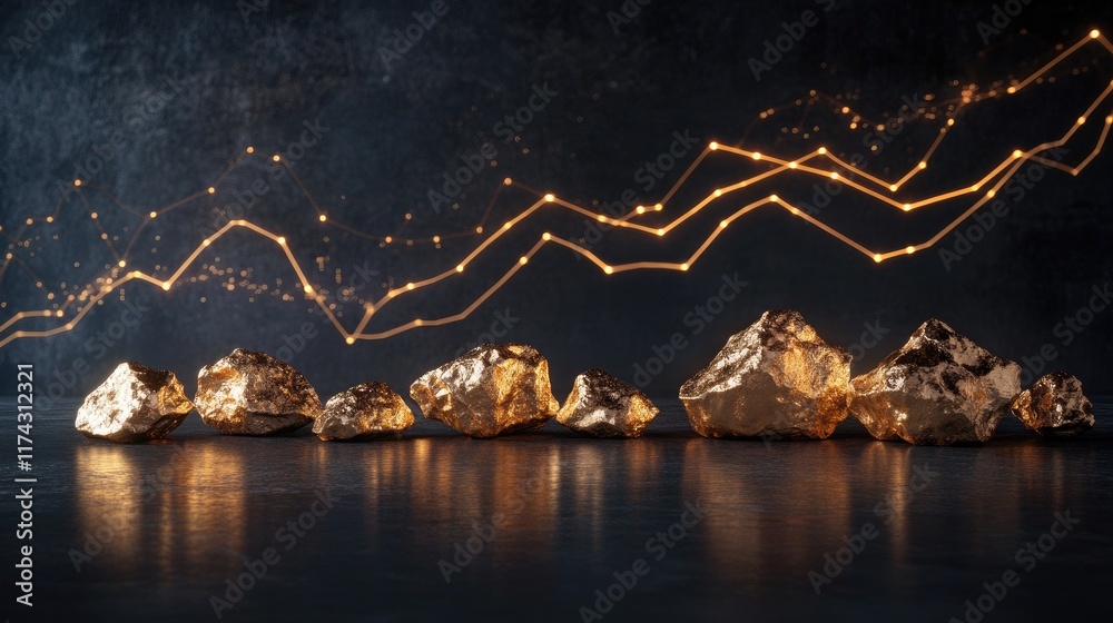 Poster A collection of gold nuggets displayed on a dark surface, with a fluctuating line graph overlay, symbolizing the changing trends in the gold market and investment analysis