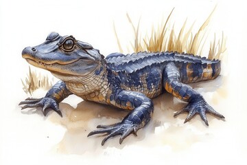 Obraz premium A detailed illustration of a lizard resting on sandy ground with grass.