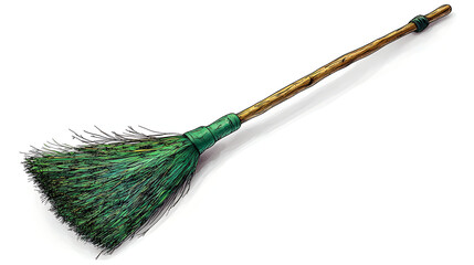 A green cleaning broom with a wooden handle isolated on white.