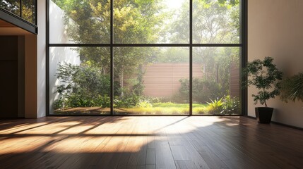 Fototapeta premium Empty room of modern contemporary loft with wooden floor and large windows to garden. Copy space.