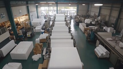 Fototapeta premium A clean, organized factory floor with machines processing tissue paper