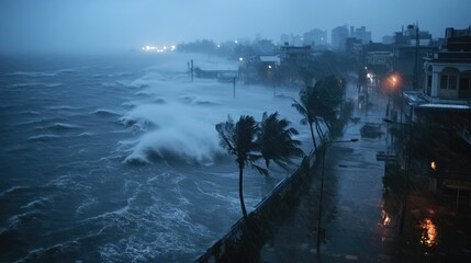 An intense typhoon making landfall, with rain and wind battering the shoreline, waves crashing over seawalls, and streets flooding as the storm moves inland