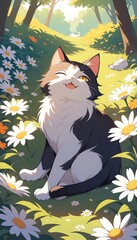 Joyful Fluffy Cat Relaxing in a Sunlit Meadow Surrounded by Colorful Flowers