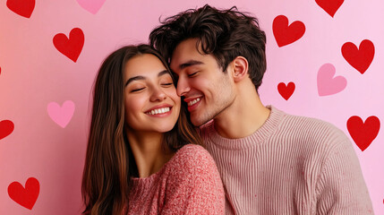 Smiling Romantic Couple with Hearts on Pink Background Celebrating Valentine's Day Together in Joyful Atmosphere