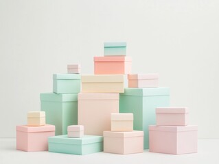 Fototapeta premium Layered pastel gift boxes on white background 