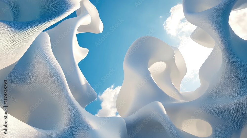 Poster a creative 3d design featuring white abstract forms floating against a vibrant blue sky, with the su