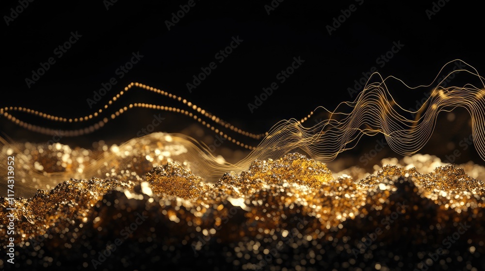 Aufkleber A dark background highlighting a pile of gold nuggets with a fluctuating line graph in the foreground, representing the rising and falling trends in gold prices and investments