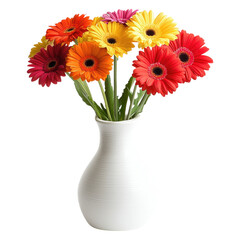 Colorful gerbera daisies bouquet in a white vase isolated on white or transparent PNG