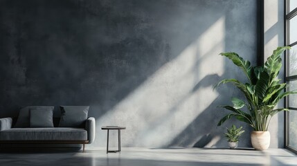 empty room with window living room interior wall mock up in natural grey tones with sofa plant and table