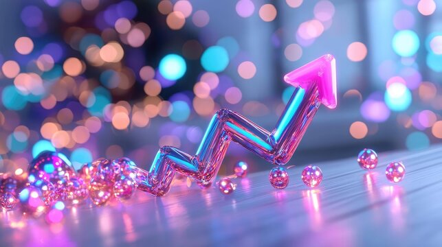 Abstract data chart, upward arrow, floating percentage symbols, 3D illustration