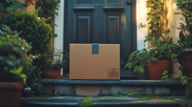 Cardboard box with text delivery on house or home doorway. fast internet commerce shopping package shipping.