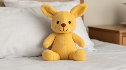 Fototapeta premium Cozy yellow plush bunny toy sitting on white bed in minimalist bedroom