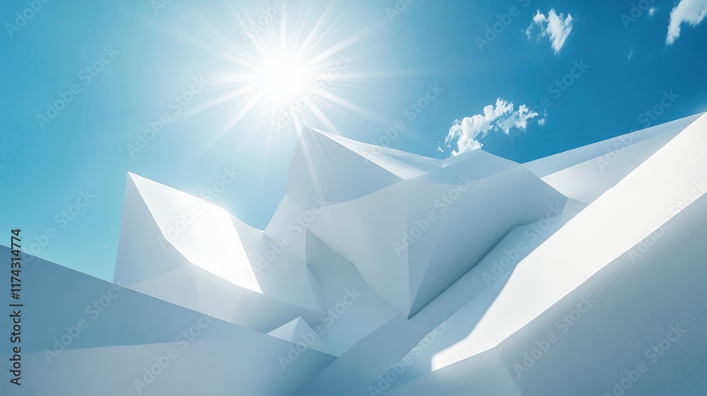 Poster a dynamic 3d render of geometric white shapes against a blue sky with a bright sun, showcasing a mod