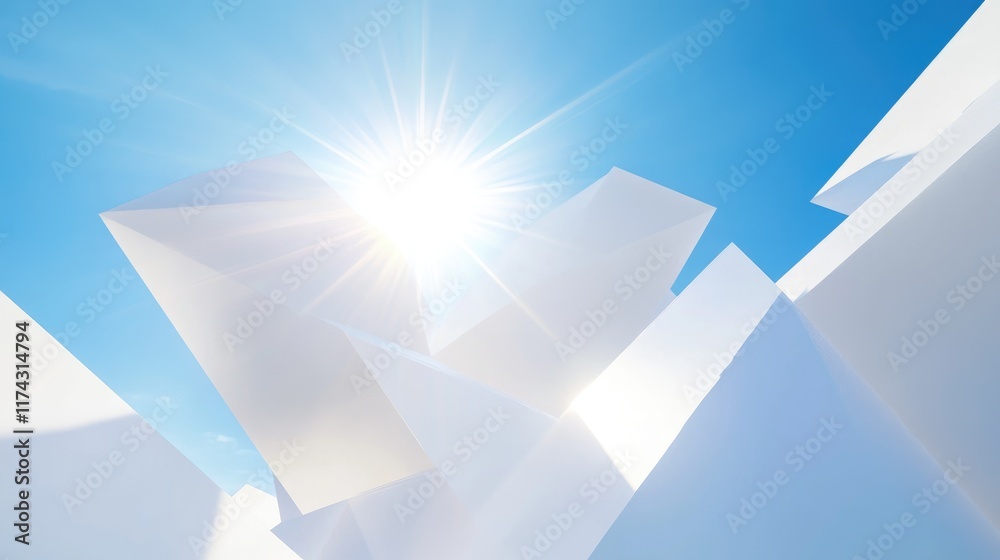 Poster a dynamic 3d render of geometric white shapes against a blue sky with a bright sun, showcasing a mod