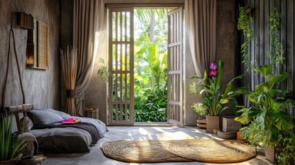 A cozy home interior with aromatic incense, rattan mats, and sunlight through open terrace doors