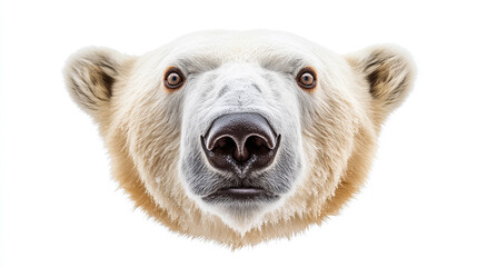 Closeup portrait of white polar bear face, looking at camera, isolated on white. arctic predator head, funny north pole winter wildlife mammal, nose, card.