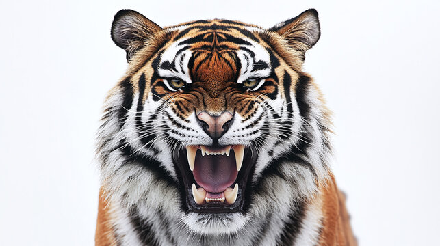 Roaring bengal tiger head logo isolated on white background. wild cat predator animal face graphic design emblem, art illustration element, angry beast showing teeth, power and strength.
