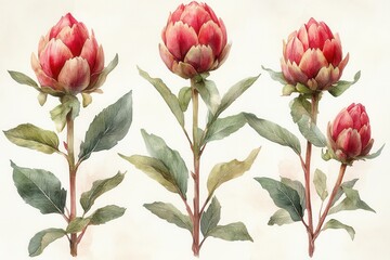 Fototapeta premium A watercolor illustration of three artichoke flowers with green leaves.