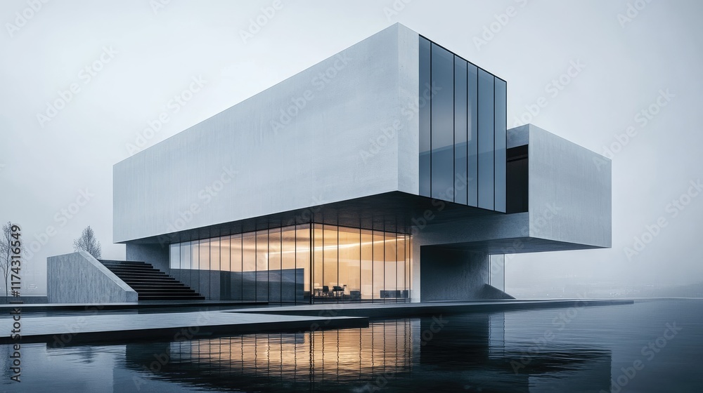 Poster A modern building with minimalist design and clean edges, showcasing contemporary architecture at its finest with large glass windows and open spaces