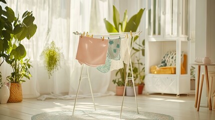 A foldable clothesline with delicate laundry drying in a bright and clean room