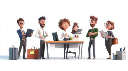 Obraz premium A Team of Cartoon Business Professionals Collaborating in a Modern Office Setting
