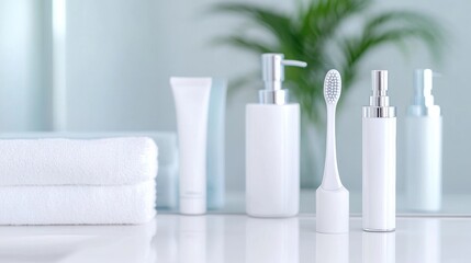 Minimalist bathroom essentials with electric toothbrush and skincare products