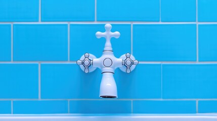 Vintage white faucet against bright blue tiled wall in bathroom setting