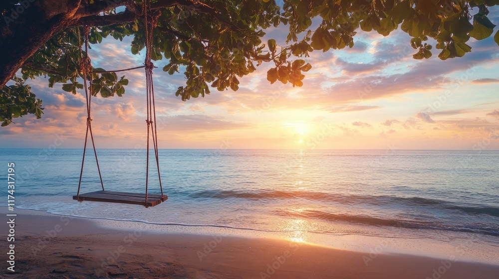 Poster a peaceful beach scene at sunset with a rustic swing hanging from a tree, gently swaying over the se
