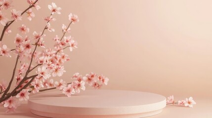 Empty round podium platform stand for product presentation and pink spring flowering Sakura branch with pink blossom flowers on peach fuzz color background