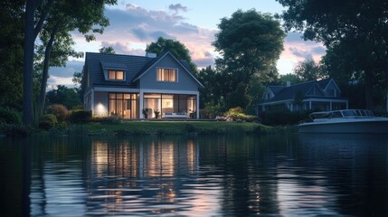 Fototapeta premium A peaceful riverside modern home in a 3D render, showcasing the home clean design and evening ambiance with soft lighting and serene river reflections