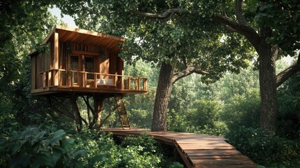 A peaceful treehouse with a wooden balcony, nestled in a lush tree with thick foliage, providing a serene escape in nature with a perfect view