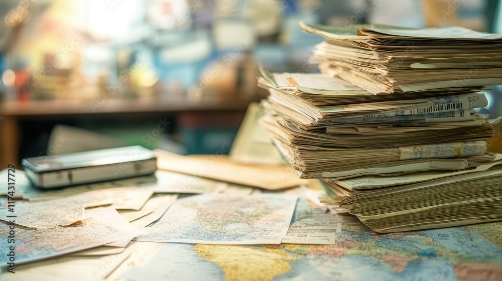 Poster a pile of export documents and invoices on a desk, representing the necessary paperwork for global t