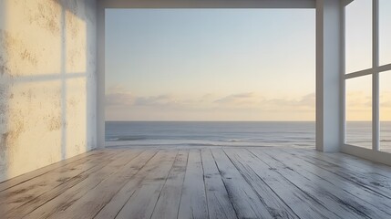 An empty room with a vintage wooden floor and a large wall serves as a studio background for displaying products - HD and realistic