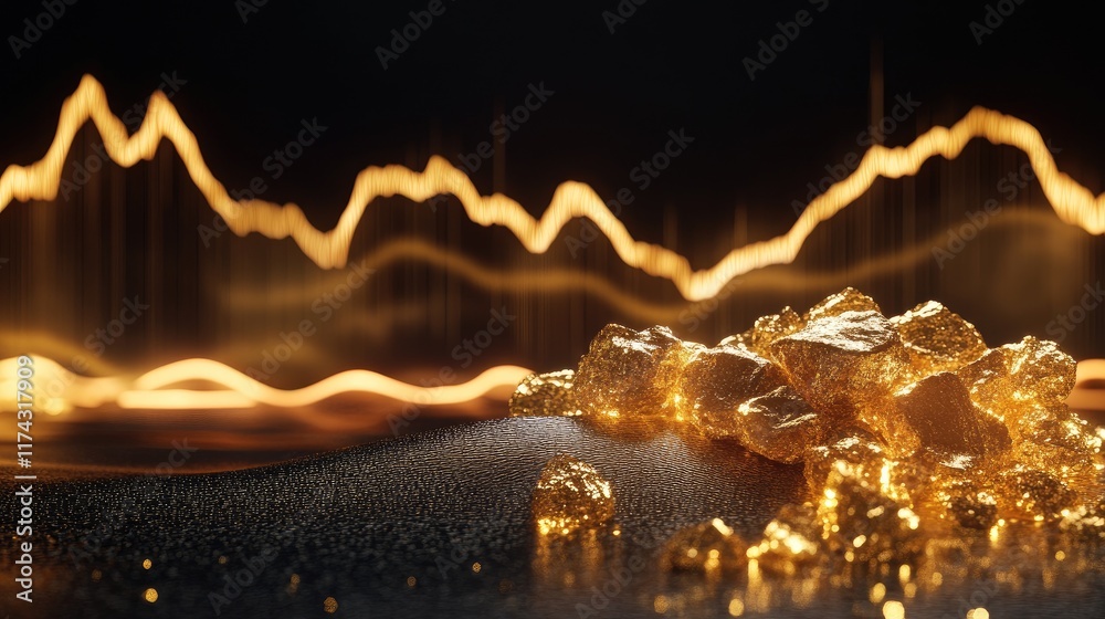 Aufkleber a pile of gleaming gold nuggets resting on a dark surface, accompanied by a fluctuating line graph, 