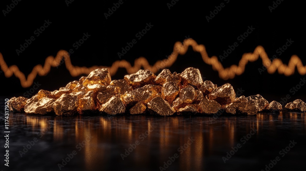 Poster a pile of gleaming gold nuggets resting on a dark surface, accompanied by a fluctuating line graph, 