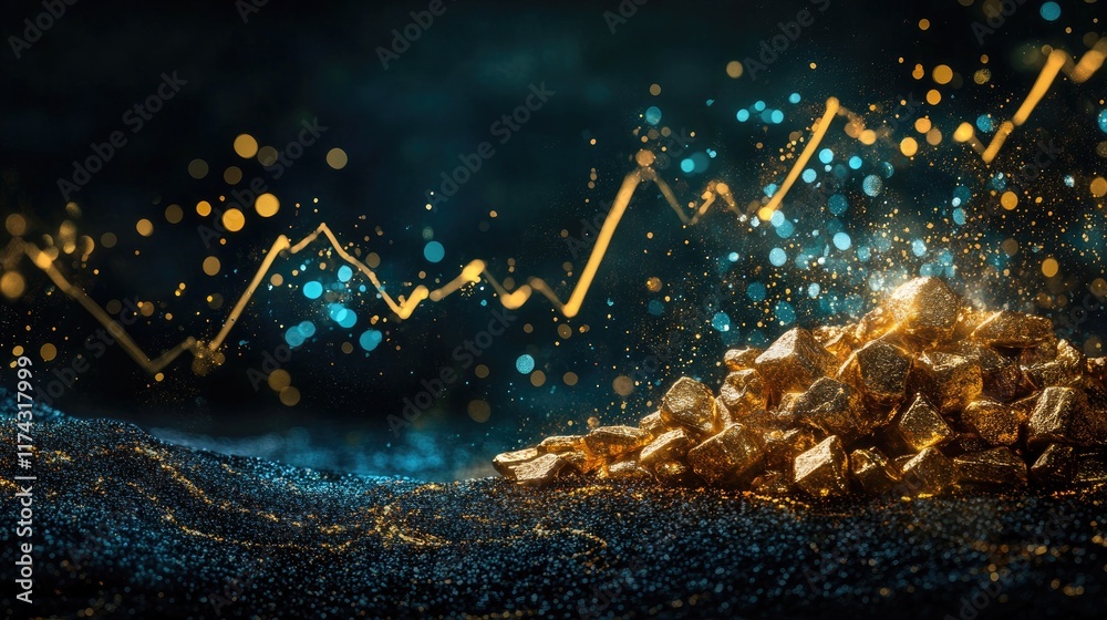 Poster a pile of shining gold nuggets on a dark surface, with a digital line graph showing fluctuating pric