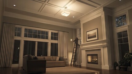 Fototapeta premium A living room scene showing someone on a ladder installing a bulb in a high ceiling light