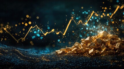 A pile of shining gold nuggets on a dark surface, with a digital line graph showing fluctuating prices, representing the volatile nature of gold investment