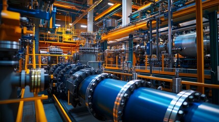 Polymer manufacturing process in a state-of-the-art facility, featuring large machines molding and shaping polymers into industrial components, highlighting material science advancements in production