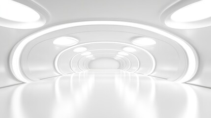 Obraz premium Empty space inside futuristic room, showroom, spaceship, hall or studio in perspective view. Include ceiling, hidden light, white floor. Modern background design of future, technology.