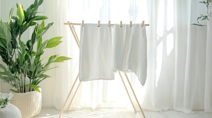 A minimalist home interior featuring a foldable clothesline with white linens drying
