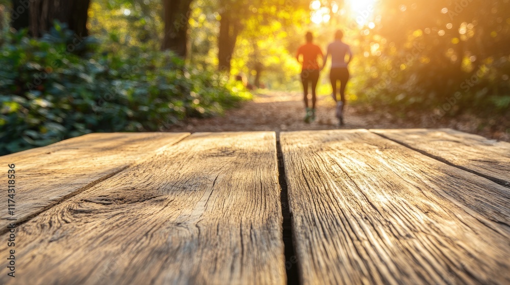 Poster a rustic wooden table in focus with a soft blur of a jogger couple in the morning sun, capturing the