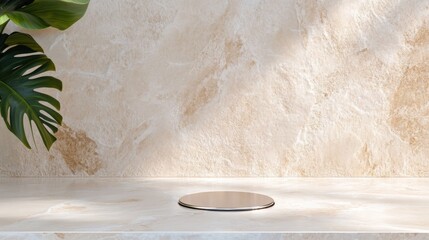 Minimalist marble podium with tropical leaf on textured background for product display