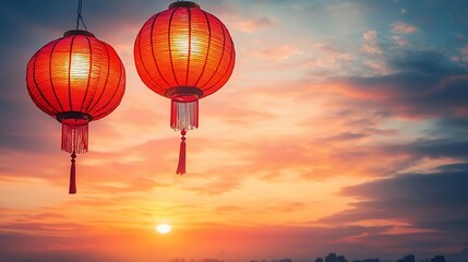 Fototapeta premium Two red lanterns illuminated at sunset.