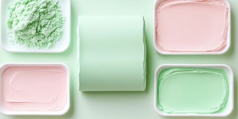 Pastel green and pink smooth textures with powder on minimalist background